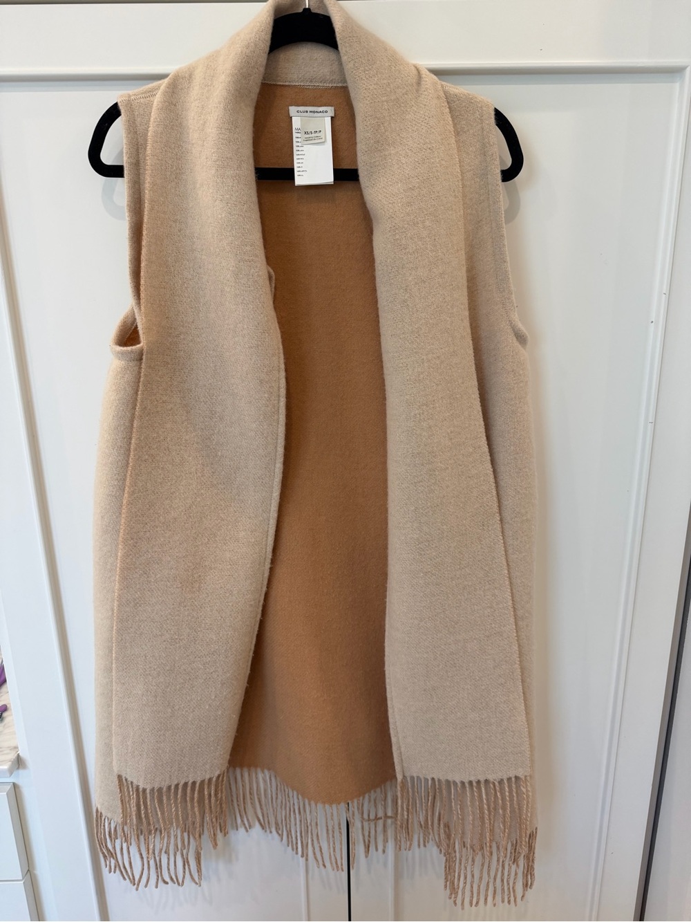 100% Wool Club Monaco Beige Fringe Open Knit Sleeveless Vest